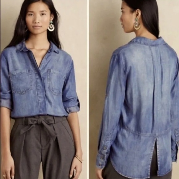 Cloth & Stone chambray button down top split back shirt size small - Picture 1 of 11